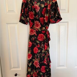 Forever 21 Black Wrap Midi Dress with Red Floral Print